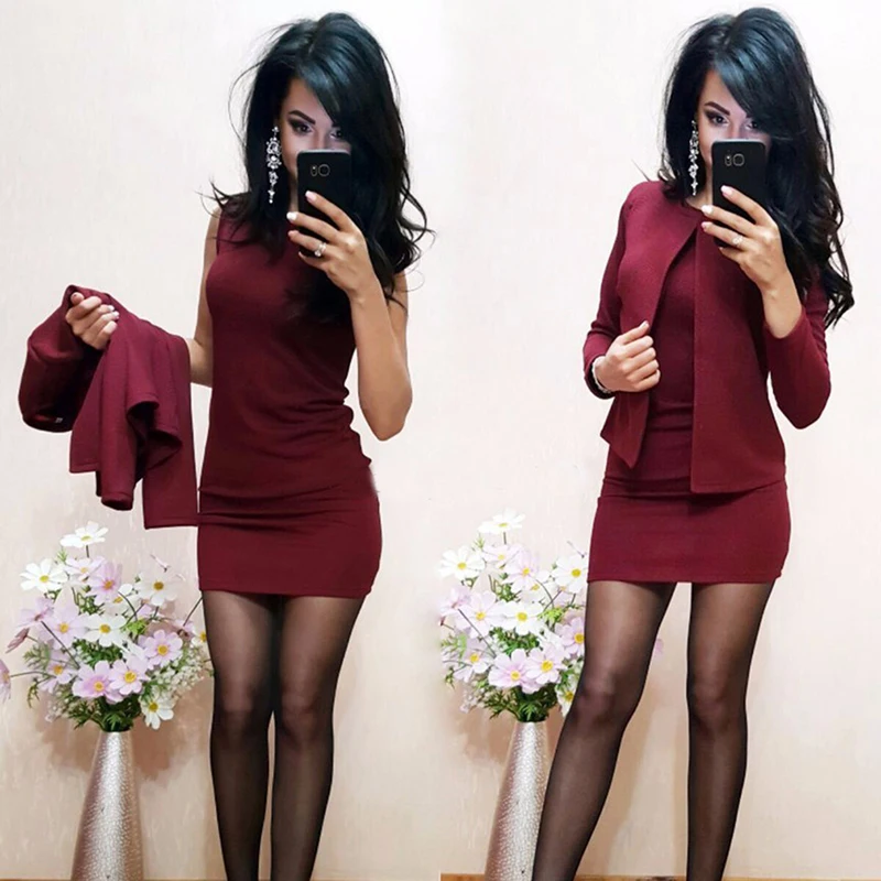 

Work Fashion Dress Suits 2 Piece Set For Women Blazer Solid Jacket & Dress Short Mini Dress Businesss Office Lady Suit Feminino