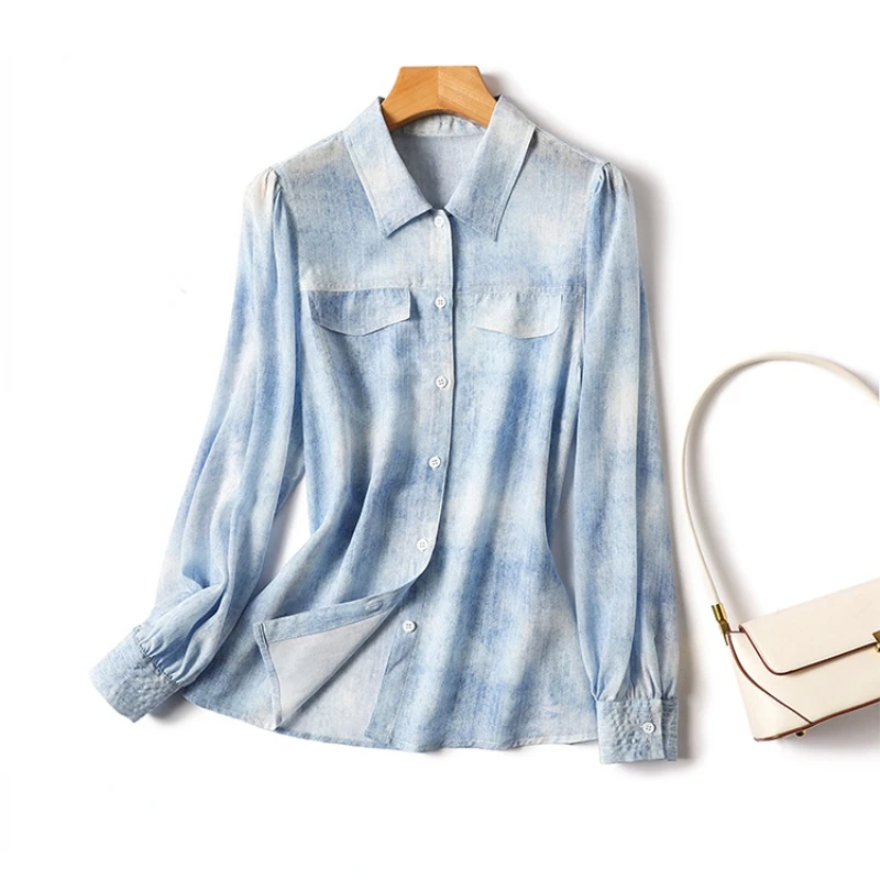 

Женская атласная рубашка с принтом, Повседневная Свободная блузка из искусственного денима, Шелковый Топ с длинным рукавом, лето 2023