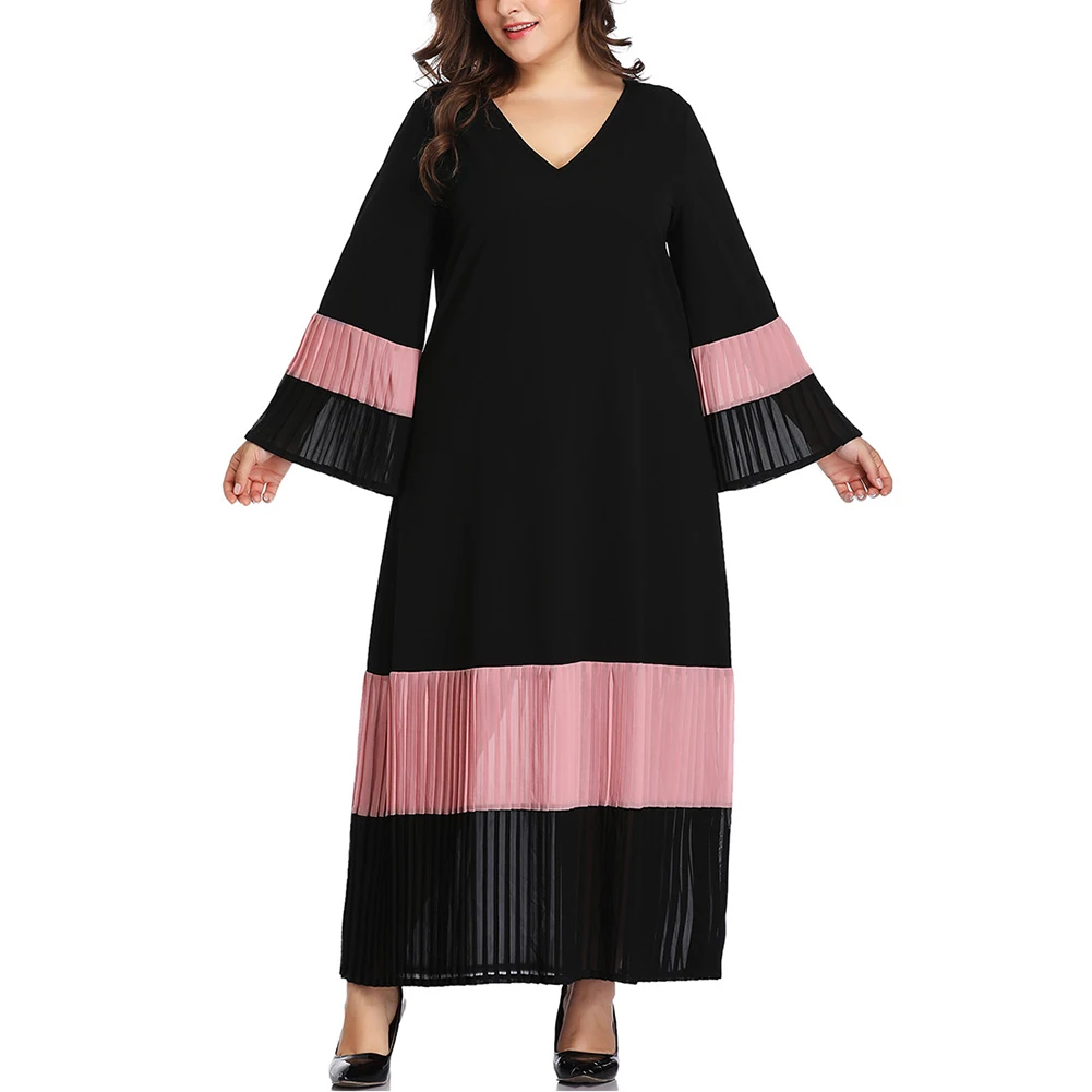 New 2XL~5XL Plus Size Women Stitching Contrast Color Long Sleeve Dress Casual Pleated Loose Skirt Soft And Comfortable