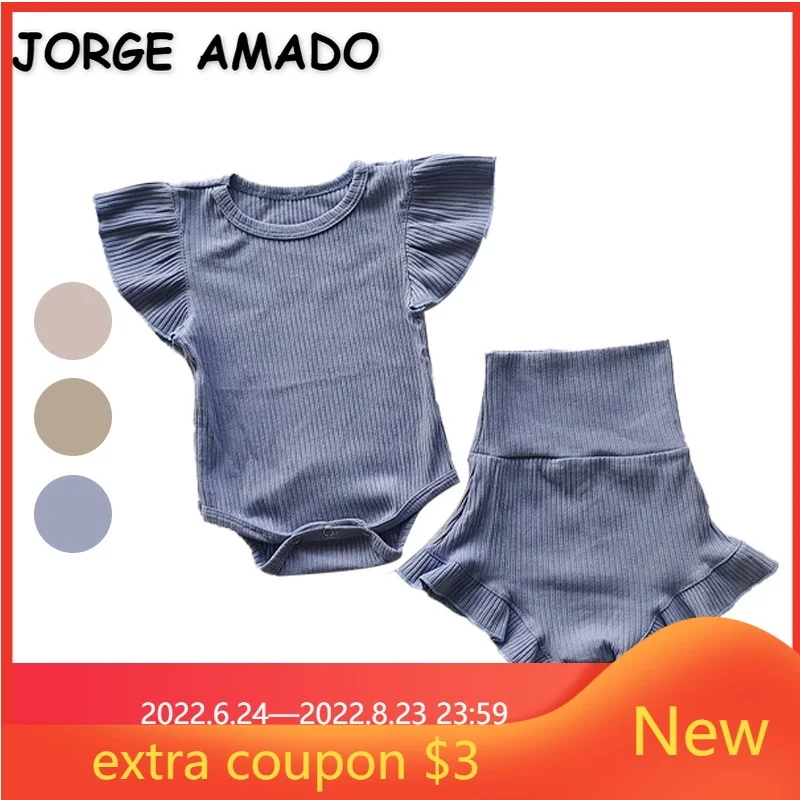 

Новый летний комплект из 2 предметов для маленьких девочек и мальчиков с круглым воротником синие бежевые розовые расклешенные рукава вафе...