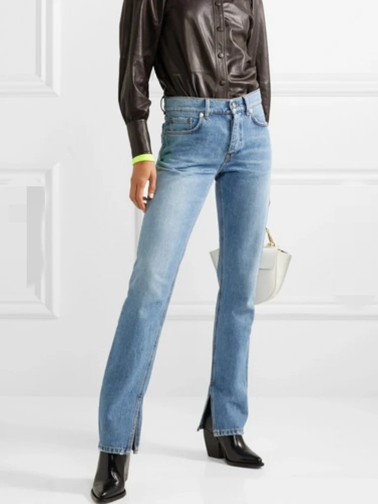 

Autumn/ Winter New High Waist Blue Trousers Slit Straight Denim Trousers Women