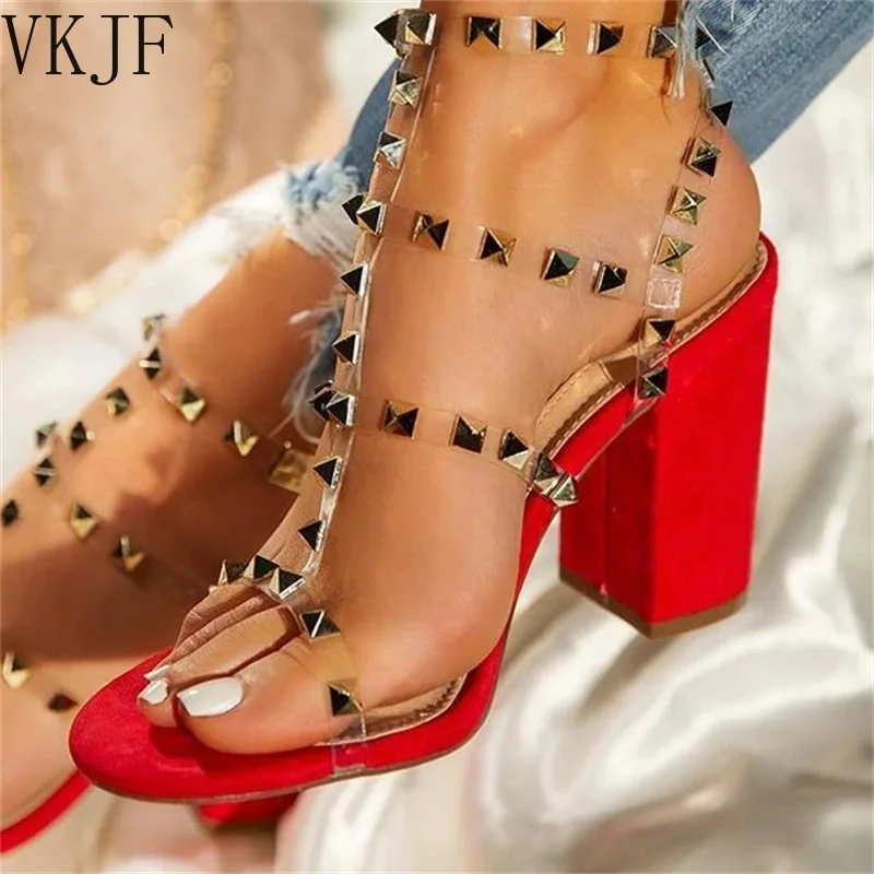 

Summer Women's High Heel Sandals Transparent Rivet Sandals Open Toe Sexy High Heels Party Club Buckle Ladies Square High Heels