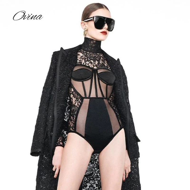 

New Women's Sexy Onesies Fashion Mesh Stitching Lace Long-sleeved Tights Fall Jumpsuit Bottoming Black Onesies