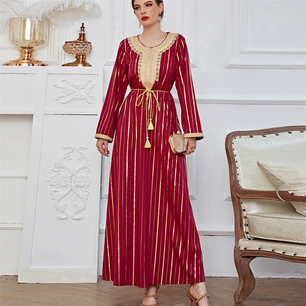 

Dress Muslim Vintage Maxi Embroidered Bronzing Print Lace-Up Dress Abaya Arab Middle East Ethnic Style 2022 Spring Summer
