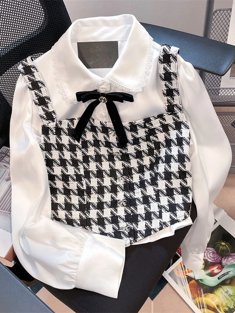 

2023 Elegant Sweet Kawaii White Shirt Thousand Bird Grid Vest Two Piece Suit Chic Cropped Tops Long Sleeve Blouse Streetwear