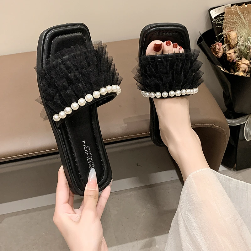 Женские летние шлепанцы сандалии с квадратным сетчатым жемчугом мягкая подошва