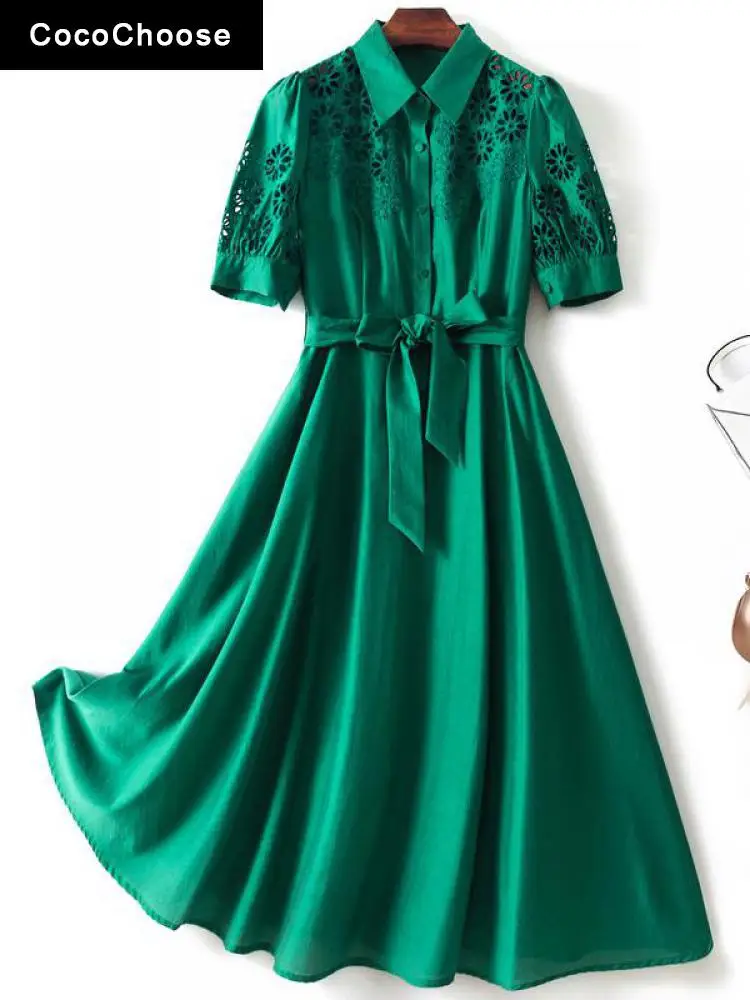 

Luxury Hollow Out Embroidery Dress Women Summer 2022 Fashion Designer Shirt Collar Short Sleeve A-line Sashes Elegant Dresses