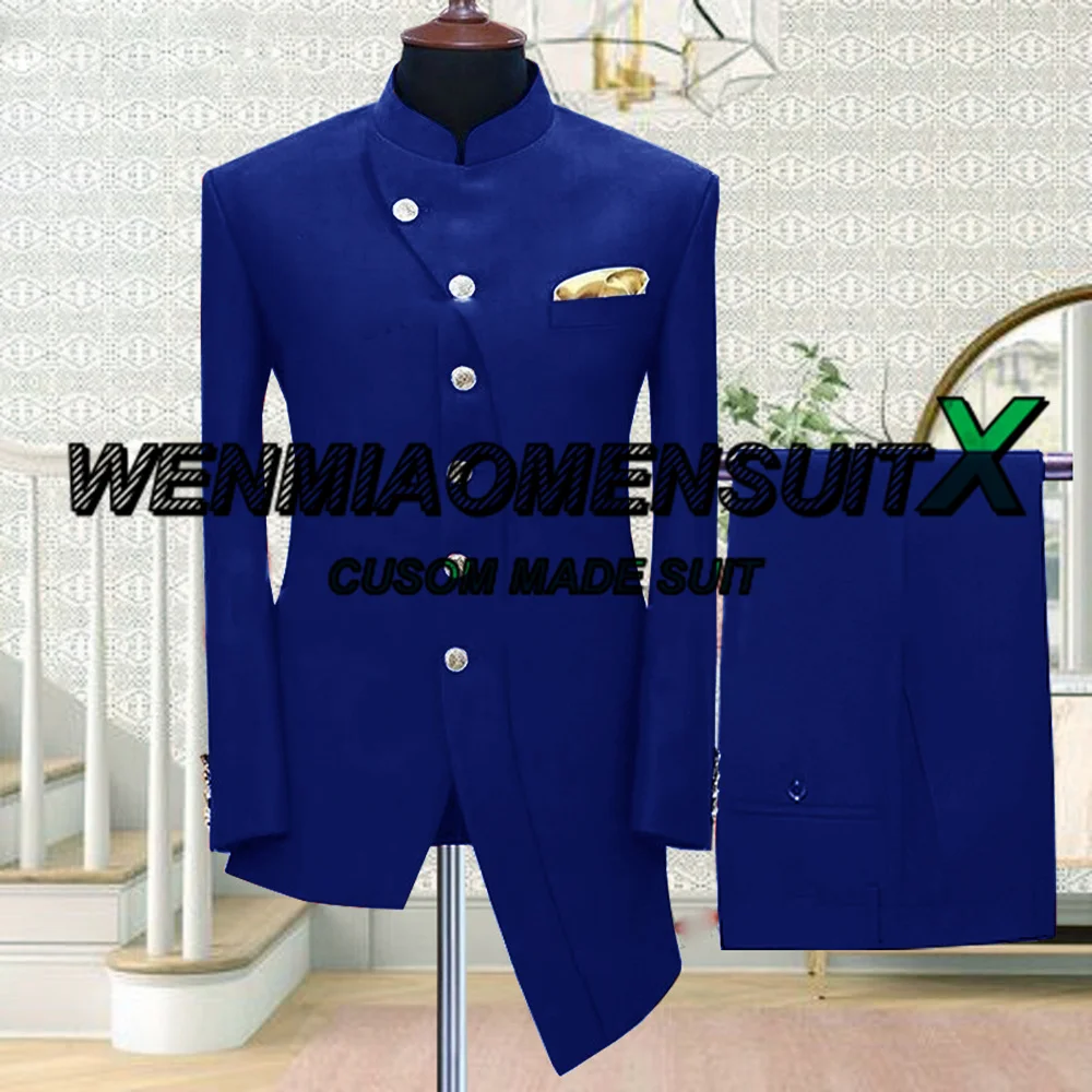 Indian Style Men's Suit 2 Piece Royal Blue Wedding Groom Tuxedo Long Jacket Pants Homme Blazer Set Terno Masculino