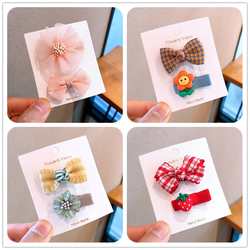 

2pcs/set 2023 New Cute Kawaii Bow Flower Bobbles Hair Pin Clip Princess Lace Plaid Kint Hairpins for Baby Girls Kids Accessories