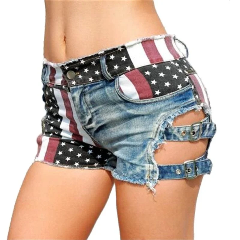 

2021 Side Straps Hollow Short Jeans Women's Denim Print Short Pants Women Low Waist Denim Shorts Slim Sexy Nightclub Hot Shorts