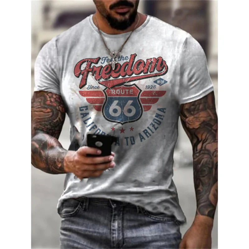 

Summer Men's T Shirts Oversized Loose Clothes Vintage Short Sleeve Fashion America Route 66 Letters Printed O Collared T Shirts