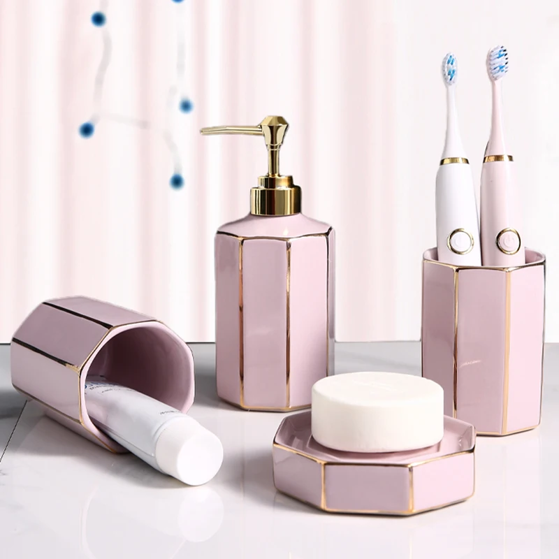

Шестигранный розовый подарок для ванной комнаты, роскошные аксессуары для ванны, дозатор мыла, Коробка для мыла, кружка для рта, стакан, кера...