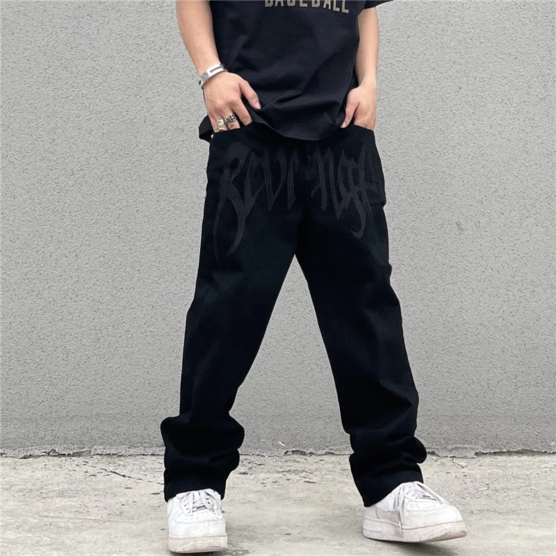 Y2K Men Jeans Embroidery Low Waist Jean Fashion Hight Street Denim Pant Loose Straight Pants Hip Hop Streetwear Black Clothings