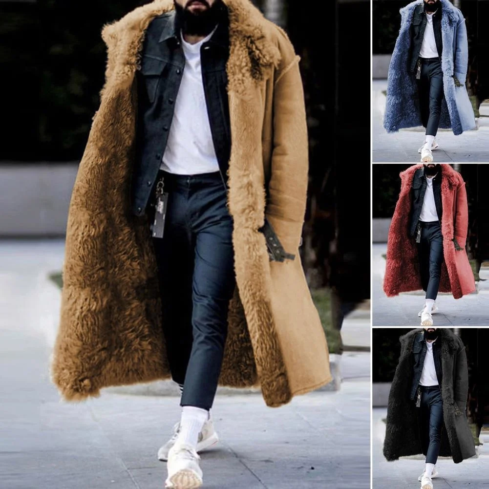 

Trendy Men Winter Overcoat Midi Length Men Coat Faux Fur Colorfast Mid-calf Length Winter Overcoat Warm