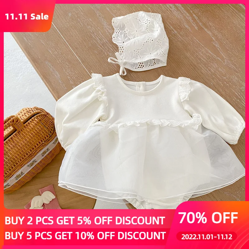 

Модная одежда для маленьких девочек; Весеннее хлопковое белое платье принцессы с длинными рукавами; Комбинезон; Одежда для маленьких девоч...