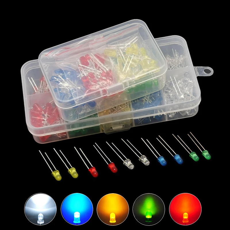

3mm 5mm LED Diode Assorted Kit, White Green Red Blue Yellow Orange F3 F5 Light Emitting DIY led lights Diodes electronic kit