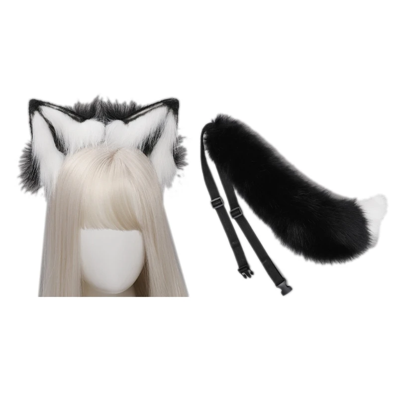 

Cosplay Furry Animal Wolf Ears Hair Hoop Animal Tail Set Long Fur Headpiece for Halloween Party Decoration T8NB