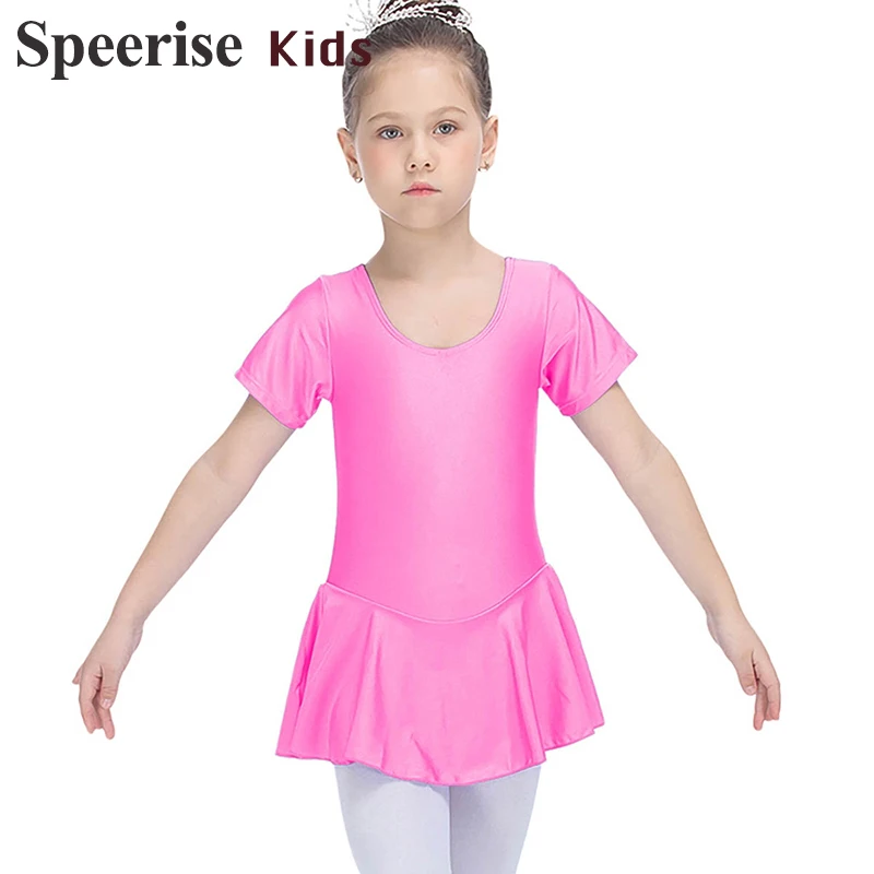 

Girls Ballet Dress Short Sleeve Leotard with Skirted Spandex Dance Wear Toddler Unitard Skirt for Dancing Bodysuits Scoop Neck