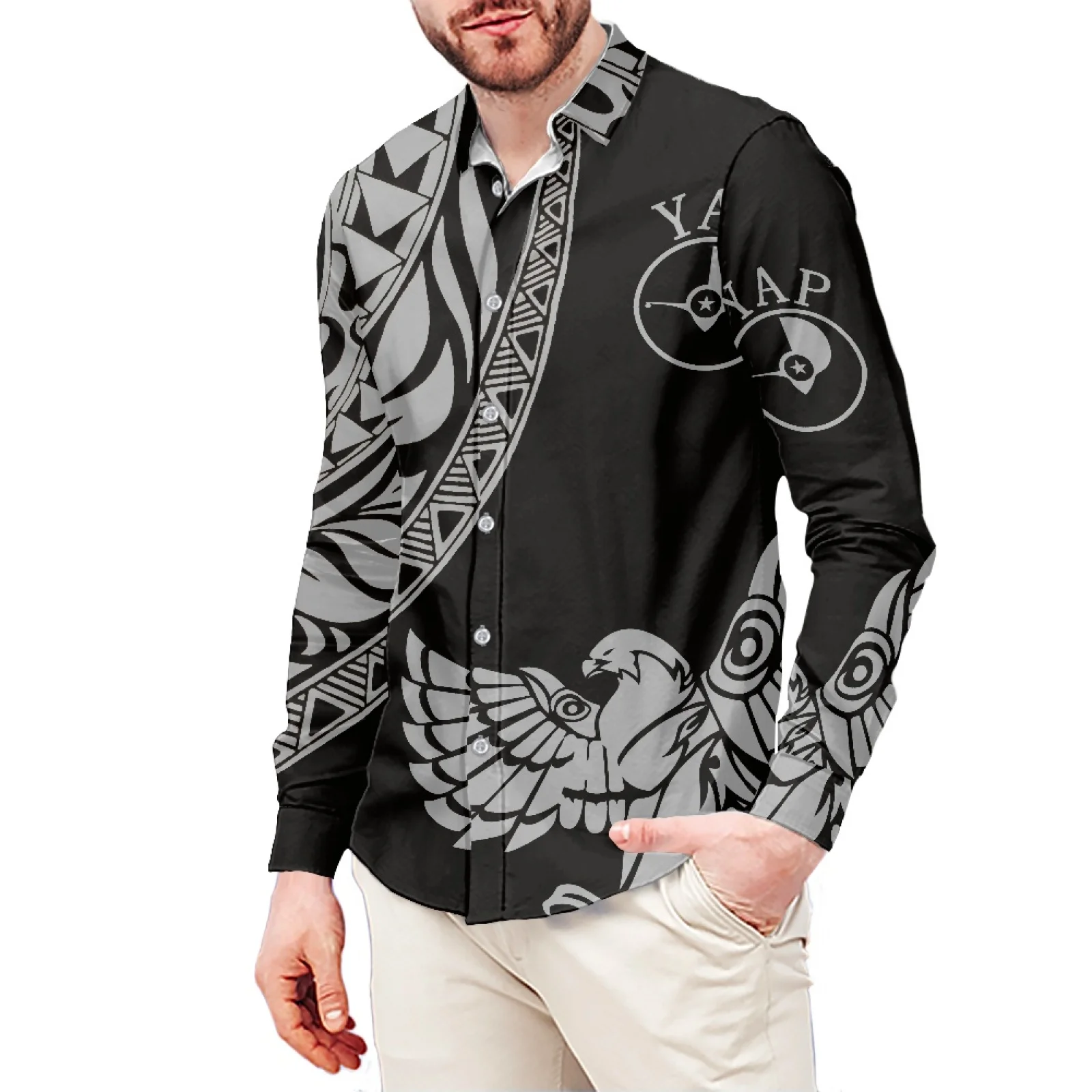 Eagle Tribe Polynesian Style Fashionable Men's Shirt Stand-Up Collar Shirt 6XL Slim Long Sleeve Men's Shirt Men's Clothing