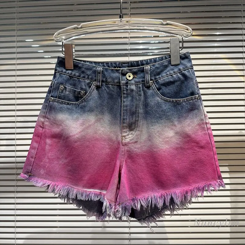 

Gradient Denim Shorts for Women 2023 Summer New Washed Gradient Color Raw Edge Nightclub Rose Pink Blue Denim Short Hot Pants