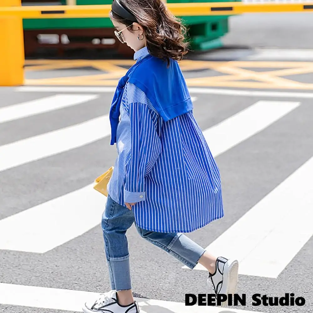 

Girls Striped Stitching Shirt 2022 Spring New Children's Girls Striped Long Shirt Ins Hot Sale Girls College- Style Shirt Skirt