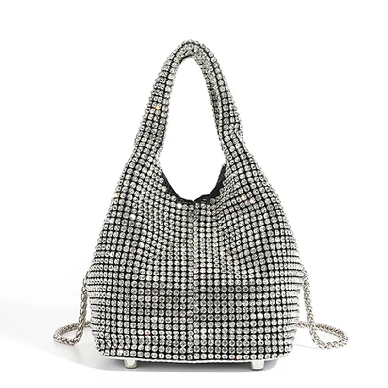 

Сумка-мешок с кристаллами, роскошный брендовый клатч, летняя Высококачественная дизайнерская сумочка, женские Серебристые сумки со стразами