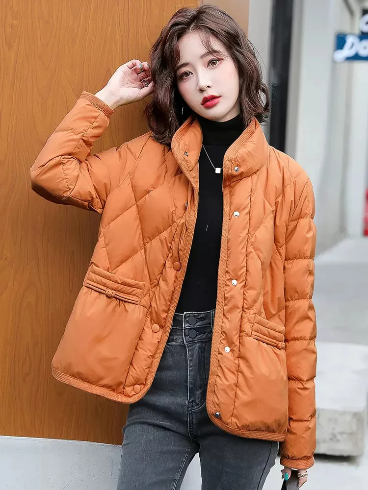 New Women Down Jacket Winter Casual Fashion Stand Collar Long Sleeve Loose Short White Duck Down Coat Warm Mother Outerwear