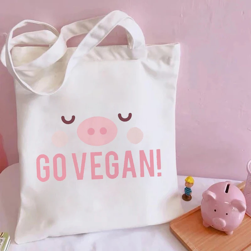 

Go Vegan Print Women Canvas Shoulder Bag Hipster Cartoon Shopping Bags Girls Fashion Casual Shopper HandBag Student Book Bag