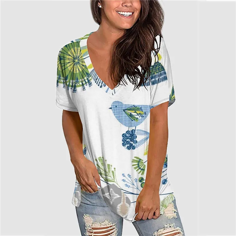 

Plant Flowers T Shirt Women Summer 2022 New Short Sleeve Loose Shirts Femme Casual V-Neck Cotton T Shirt Print Oversize Clothing