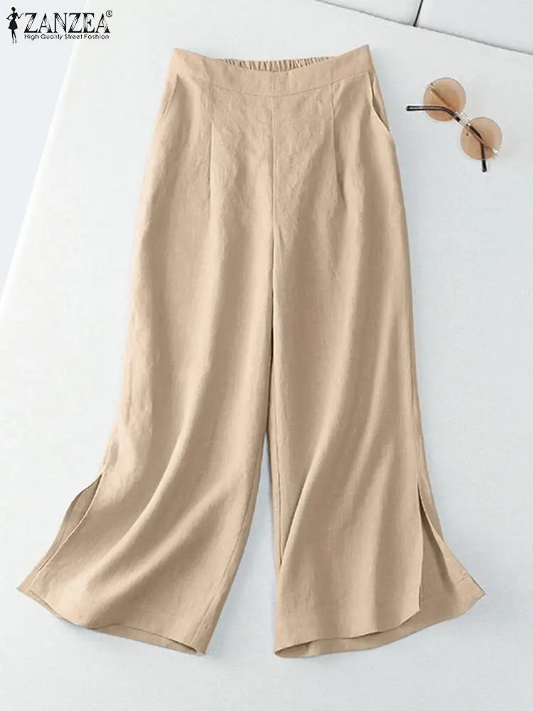 2023 ZANZEA Women Solid Color Ankle Length Pantalon Fashion Pure Cotton Wide Leg Pant Elastic Elegant Pants Casual Loose Trouser