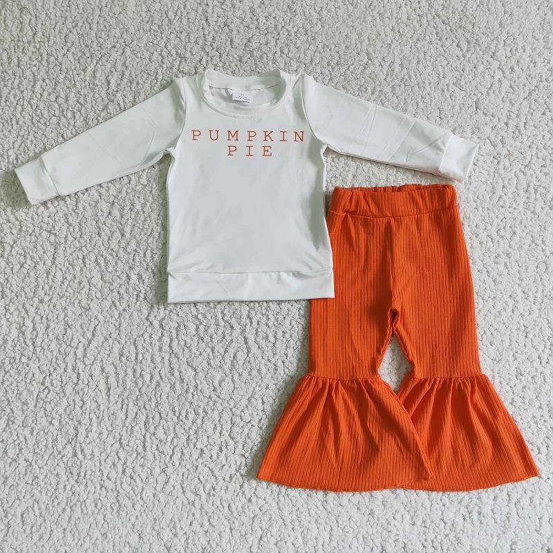 

Wholesale Baby Girl Fall Thanksgiving Toddler Pumpkin Pie Cotton Orange Bell Bottoms Pants Infant New Outfit Children Kid Set