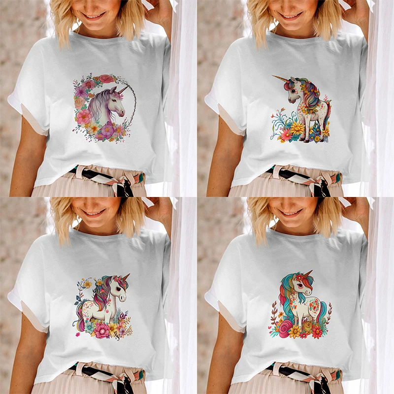 

Animals Parint Women Clothing Watercolor Garland Unicorn Girls Cartoon Oversized Kawaii T-shirt Casual O-neck Loose Short Sleeve