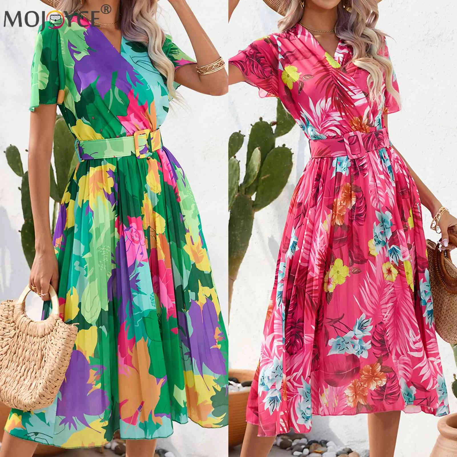 

Floral Printed Beach Skirt V-Neck Midi Female Elegant Dresses Short Sleeve Belt Decor Pleated Polyester Fashion Summer Clothing