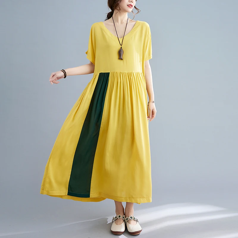 Женское платье-макси с V-образным вырезом из хлопка и льна |