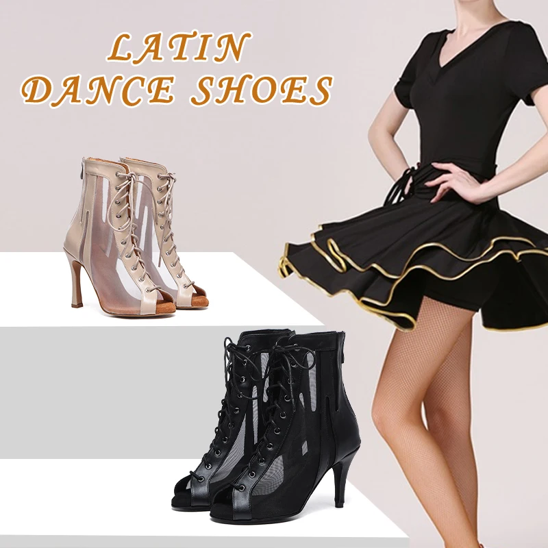Hipposeus Black Latin Dance Shoes Woman Ladies High Heels Tansparent Mesh Kizomba Training Stage Performance Bachata