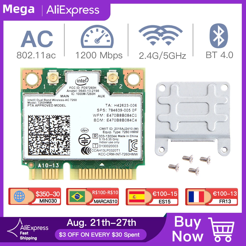 Dual Band Wireless Card For Intel 7260 7260HMW ac Mini PCI-E 2.4G/5Ghz Wlan Wifi Bluetooth-compatible 4.0 802.11ac/a/b/g Antenna