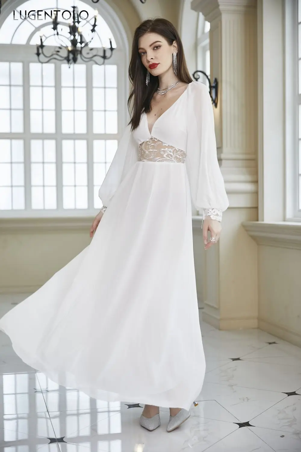 

Sexy V-neck Dress WomenParty Long Sleeve Big Swing Slim High Waist Lace Lady Elegant Spring Backless Temperament Cloth