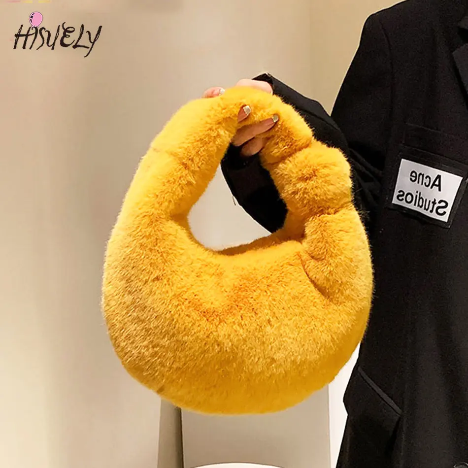 

Меховая женская маленькая сумка HISUELY с полумесяцем, Роскошные теплые плюшевые сумки на запястье, женский модный пушистый клатч с короткими ...