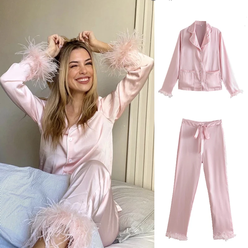

Женская одежда для сна GJXDNX с перьями, комплект из 2 предметов, топы с длинным рукавом и отложным воротником, атласные повседневные женские комплекты с брюками, лето 2023