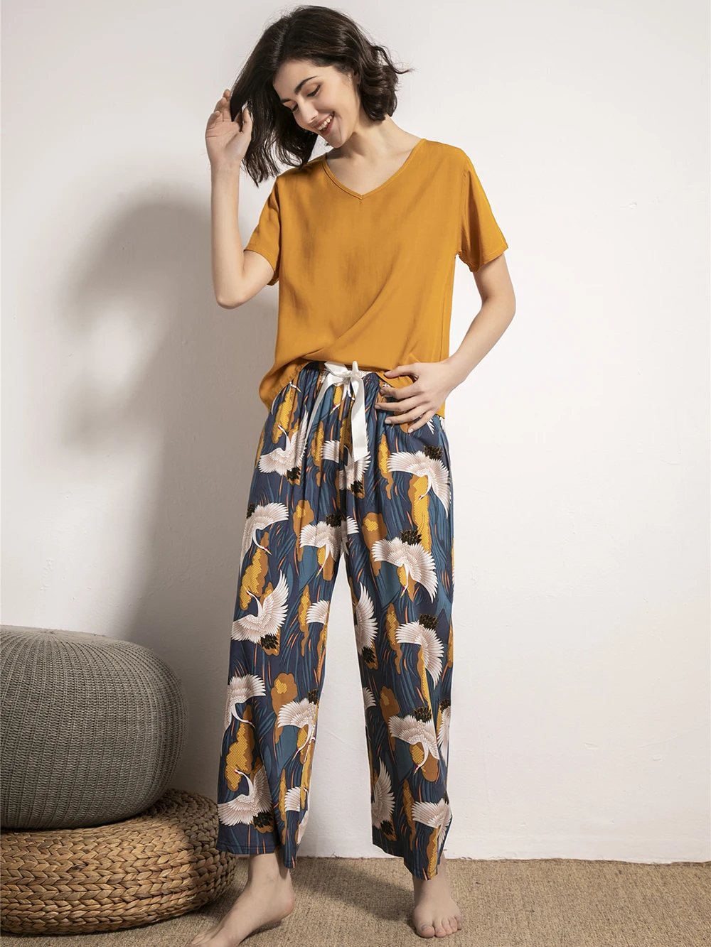 Women's Loungewear Pajamas Set Short Sleeve Nightwear Pants Sleepwear Fashion Yellow Print Floral Loose Comfort Homewear