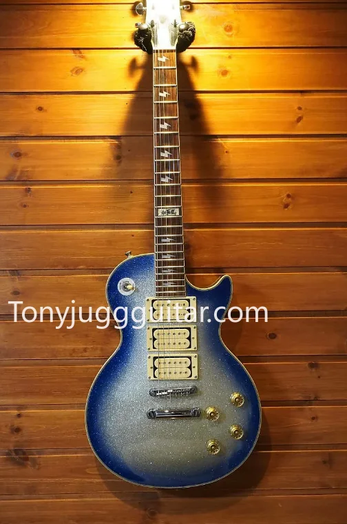 

Rare Ace Frehley Big Sparkle Metallic Blue Burst Silver Electric Guitar Mirror Truss Rod, 3 Chrome Cover Pickups, Grover Tuners