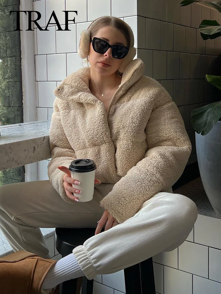 

TRAF 2023 Winter Woman's Fashion Casual Jackets Solid Beige Long Sleeve Roupa With Pockets Zipper Female Chic Thick Coats Street