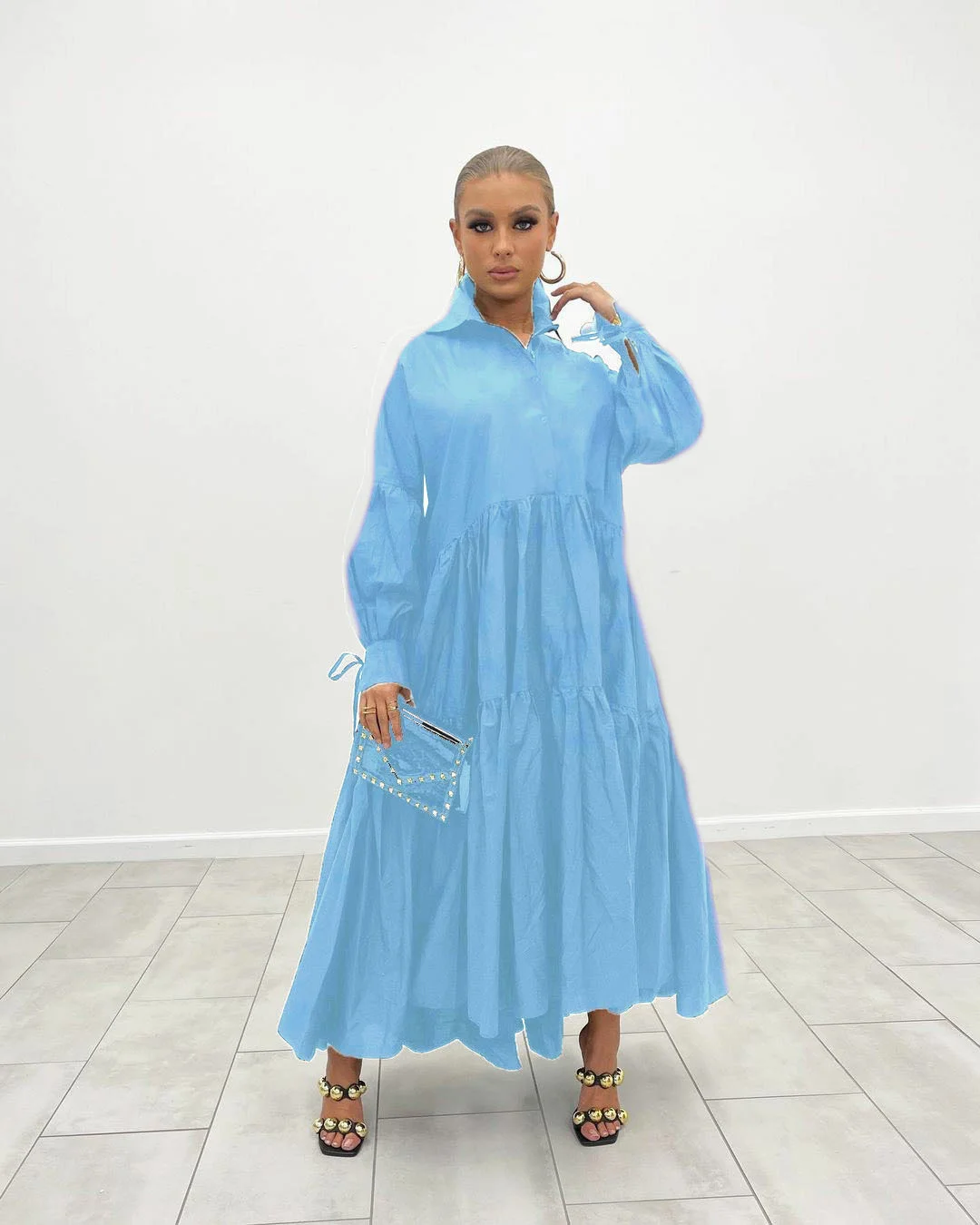 

Autumn Women's Fashion New Style Lapel Long Sleeve Loose High Waist Slim French Slouchy Shirt Solid A-line Dress