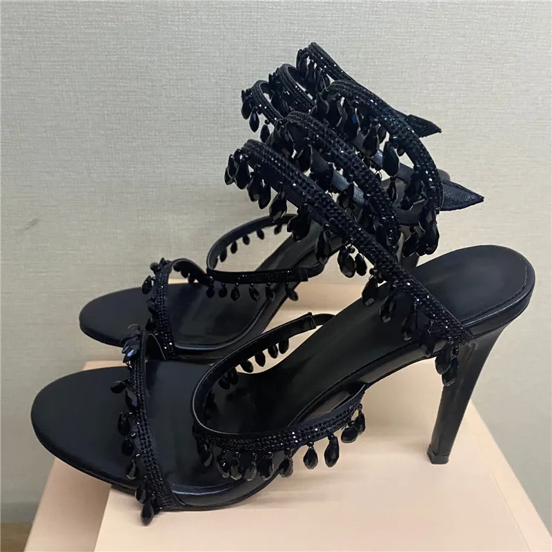 Summer Sexy Ladies Sandals Round Toe Prom Shoes Fringed Crystal Lights Snake-like Ankle Straps Rhinestone Mature Women Sandals