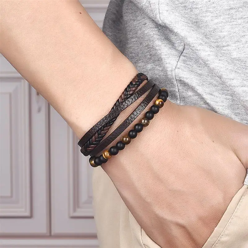 High Quality Leather Bracelet Men Classic Fashion Tiger Eye Beaded Multi Layer Leather Bracelet For Men Jewelry Gift images - 6