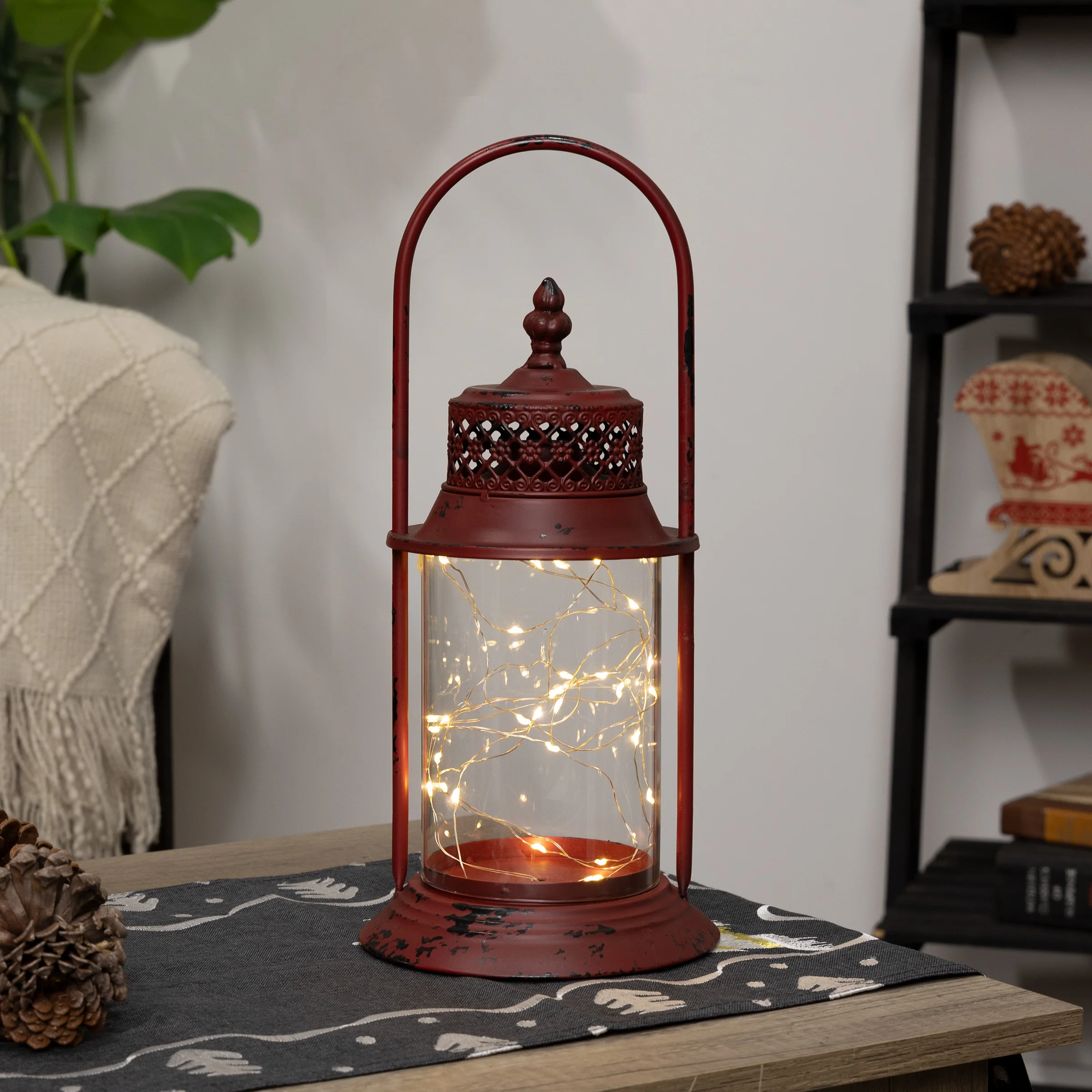

6" x 15" Vintage Metal Holiday Lantern with Battery-Powered LED Lights, Red