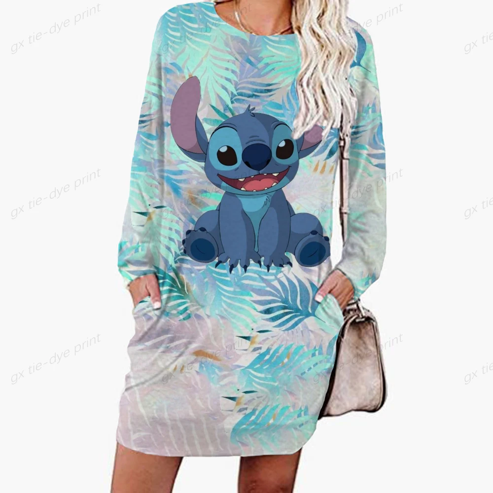 

Disney Patchwork Print Long Sleeve Women's Dress Cartoon Pocket Hoodie Dress Autumn Women's Fashion Crew Neck Sweatshirt