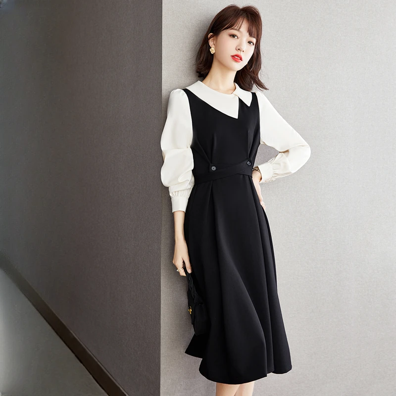

Chiffon Dresses Women 2023 New Patchwork Vintage Square Neck Button Long Sleeve High Waist Spring Fall Dress Clothing YCMYUNYAN