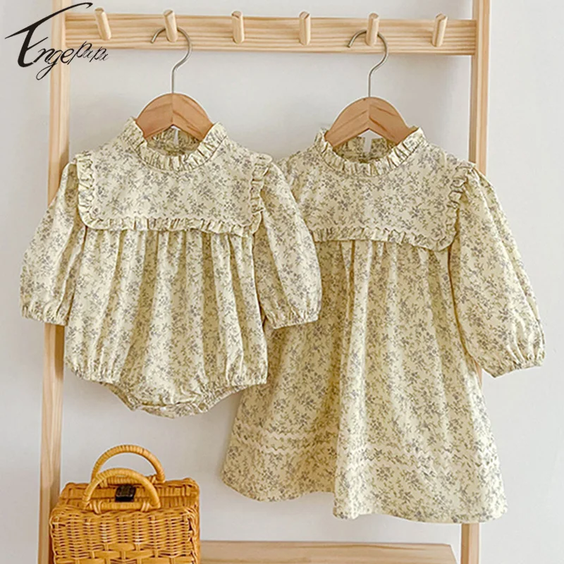 

Printing Baby Girls Sister Clothes Toddler Baby Rompers Girls Long Sleeves Flowers Girls Dresses Spring Autumn Kids Clothes