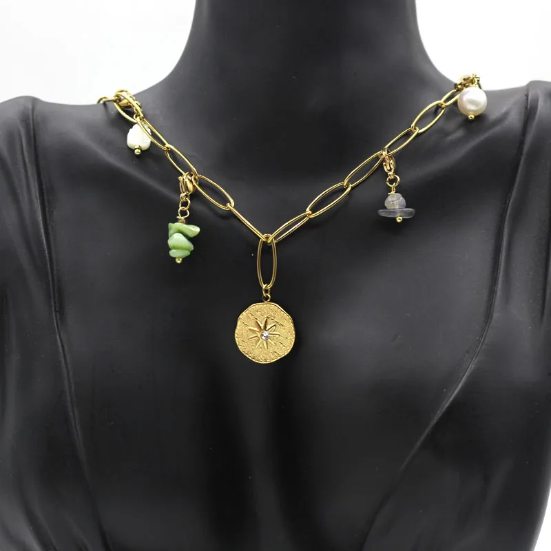 

2023 New Fashion Jewelry Stainless Steel Gold Inlaid Diamond Pendant Necklace Natural Stone Shell Pearl Choker For Women